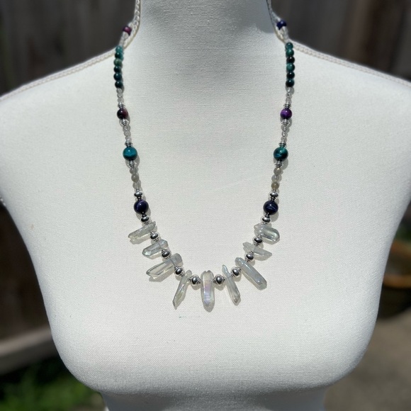 Handmade - Aura Quartz, Labradorite and Galaxy Tigers Eye Beaded Necklace - Picture 2 of 15